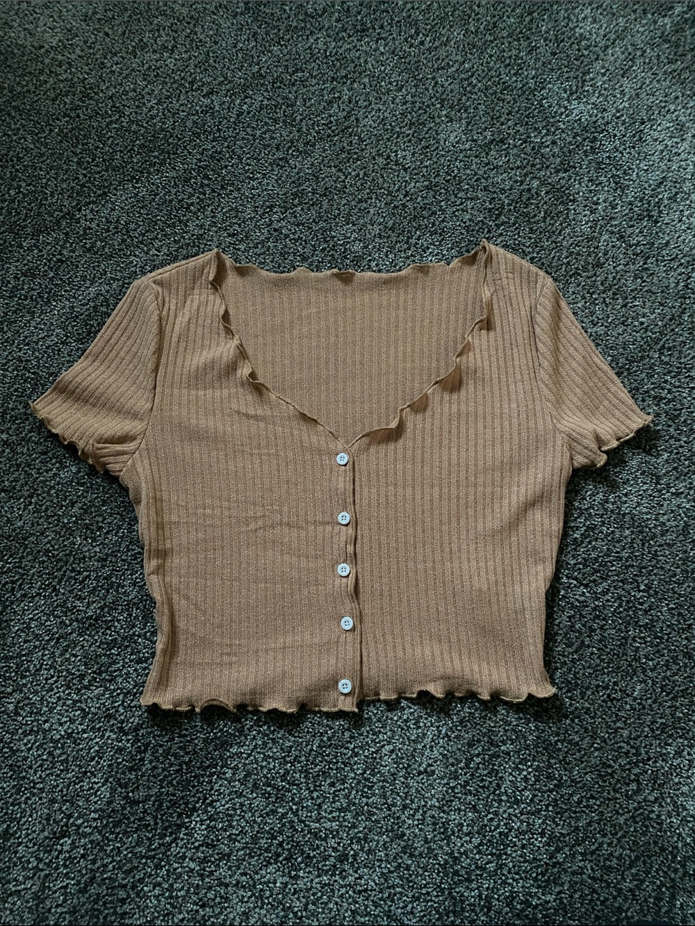 Ribbed Button-Front Crop Top - Brown